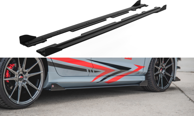 Maxton Racing Seitenschweller Ansatz + Front Stoßstangen Racing Flaps passend für Ford Fiesta Mk8 ST / ST-Line schwarz Hochglanz FOFI8STCNC-SD2B+SF1-G