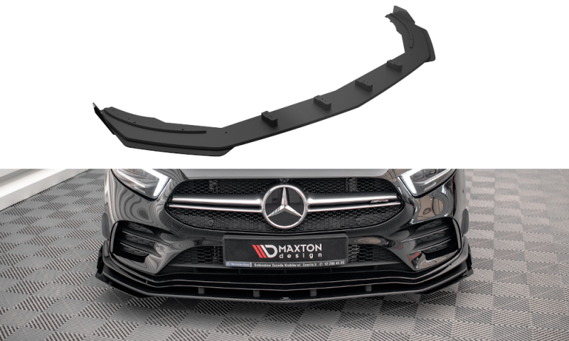 Maxton Street Pro Front Ansatz für +Flaps für + Flaps Mercedes A35 AMG / AMG-Line Aero Pack W177  schwarz Hochglanz MEA17735CNC-FD1B+FSF1-G