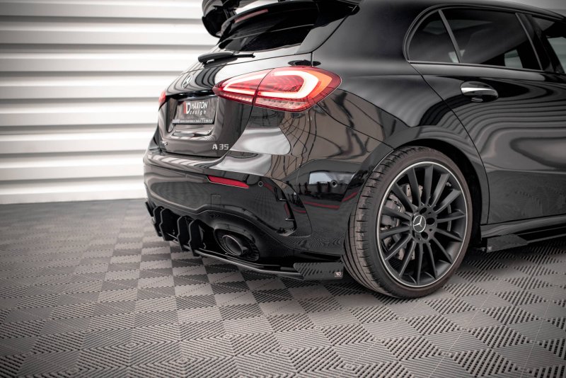 Maxton Robuste Racing Diffusor Heck Ansatz +Flaps für Mercedes A35 AMG Hatchback Aero Pack W177 schwarz Hochglanz MEA17735CNC-RS1B+RSF1-G