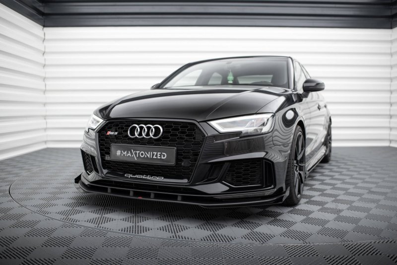 Maxton Street Pro Front Ansatz + Flaps V.1 + Flaps Audi RS3 Limousine 8V Facelift schwarz Hochglanz AURS38VFSCNC-FD1B+FSF1-G