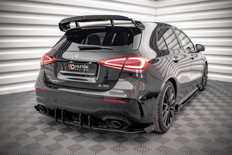 Maxton Robuste Racing Diffusor Heck Ansatz +Flaps für Mercedes A35 AMG Hatchback Aero Pack W177 schwarz Hochglanz MEA17735CNC-RS1B+RSF1-G