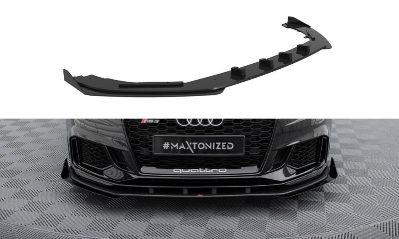 Maxton Street Pro Front Ansatz + Flaps V.1 + Flaps Audi RS3 Limousine 8V Facelift schwarz Hochglanz AURS38VFSCNC-FD1B+FSF1-G
