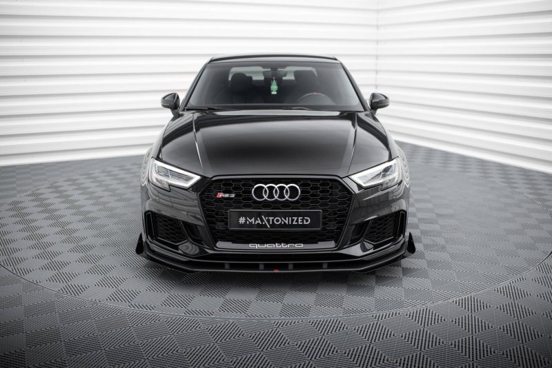 Maxton Street Pro Front Ansatz + Flaps V.1 + Flaps Audi RS3 Limousine 8V Facelift schwarz Hochglanz AURS38VFSCNC-FD1B+FSF1-G