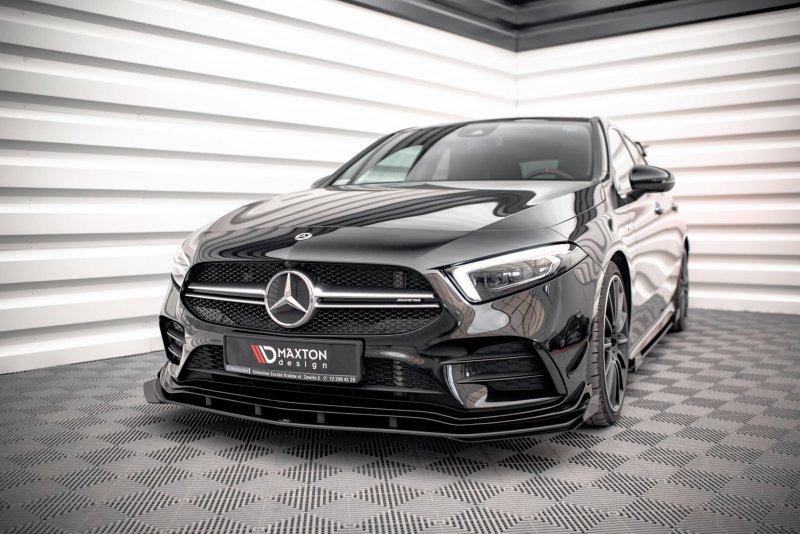 Maxton Street Pro Front Ansatz für +Flaps für + Flaps Mercedes A35 AMG / AMG-Line Aero Pack W177  schwarz Hochglanz MEA17735CNC-FD1BRB+FSF1-G