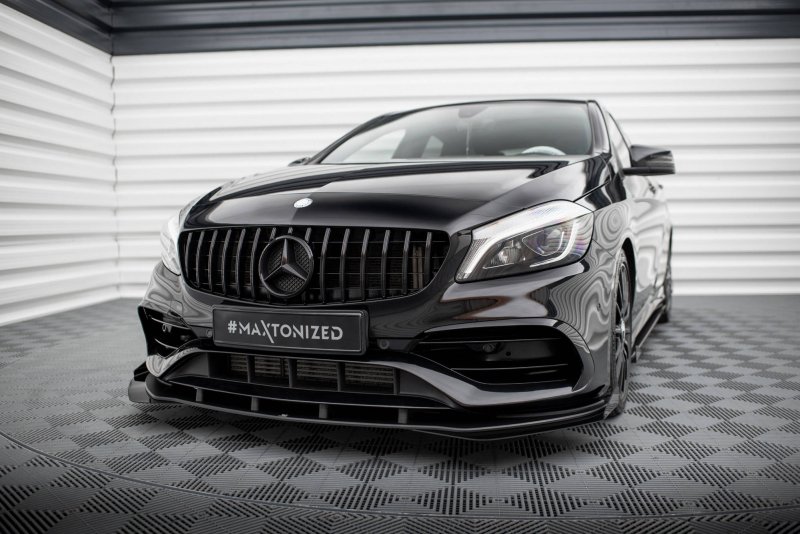 Maxton Street Pro Front Ansatz + Flaps Mercedes-Benz A AMG-Line W176 Facelift schwarz Hochglanz MEA176FAMGLINECNC-FD1BRB+FSF1-G