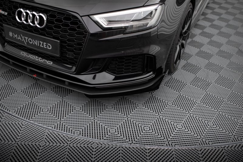 Maxton Street Pro Front Ansatz + Flaps V.1 + Flaps Audi RS3 Limousine 8V Facelift schwarz Hochglanz AURS38VFSCNC-FD1B+FSF1-G