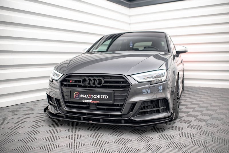 Maxton Street Pro Front Ansatz für +Flaps für V.1 + Flaps Audi S3 / A3 S-Line Sportback 8V Facelift schwarz Hochglanz AUS33FSBCNC-FD1B+FSF1-G
