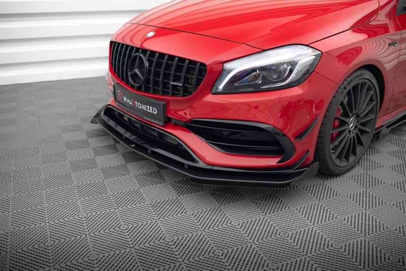 Maxton Street Pro Front Ansatz + Flaps Mercedes-Benz A 45 AMG Aero W176 Facelift schwarz Hochglanz MEA176FAEROCNC-FD1B+FSF1-G