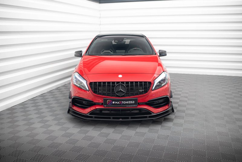 Maxton Street Pro Front Ansatz + Flaps Mercedes-Benz A 45 AMG Aero W176 Facelift schwarz Hochglanz MEA176FAEROCNC-FD1B+FSF1-G