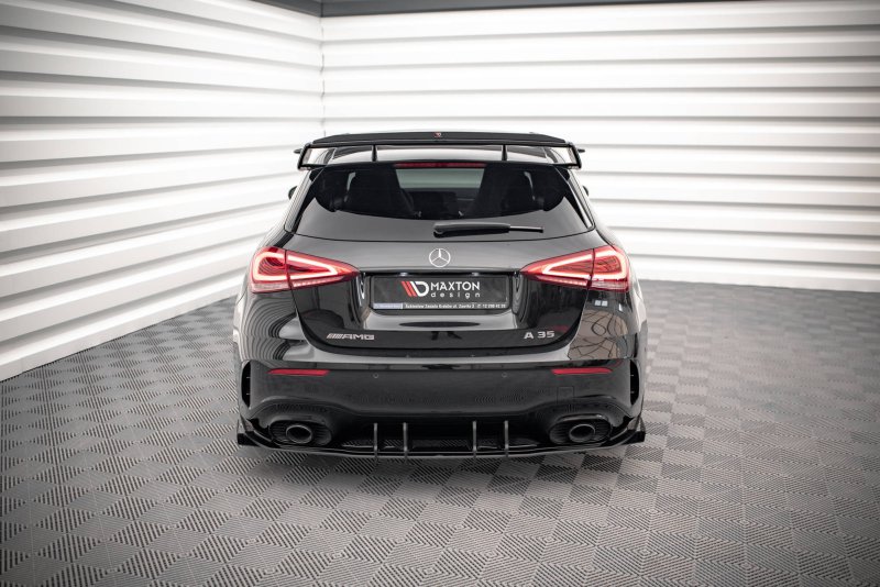 Maxton Robuste Racing Diffusor Heck Ansatz +Flaps für Mercedes A35 AMG Hatchback Aero Pack W177 schwarz Hochglanz MEA17735CNC-RS1B+RSF1-G